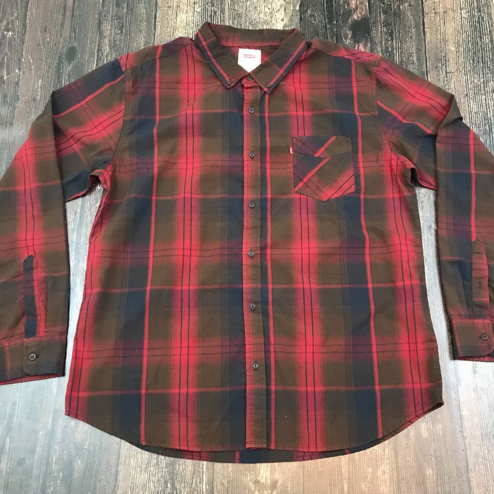 LEVI'S Casual Plaid Shirt 2XL L/S Button Down Light Cotton Blend Red Black